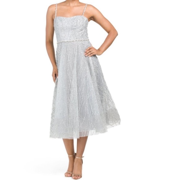 Marchesa Notte Silver Beaded Glitter Tulle Sparkling Tea Length Gown NWT - Picture 3 of 14